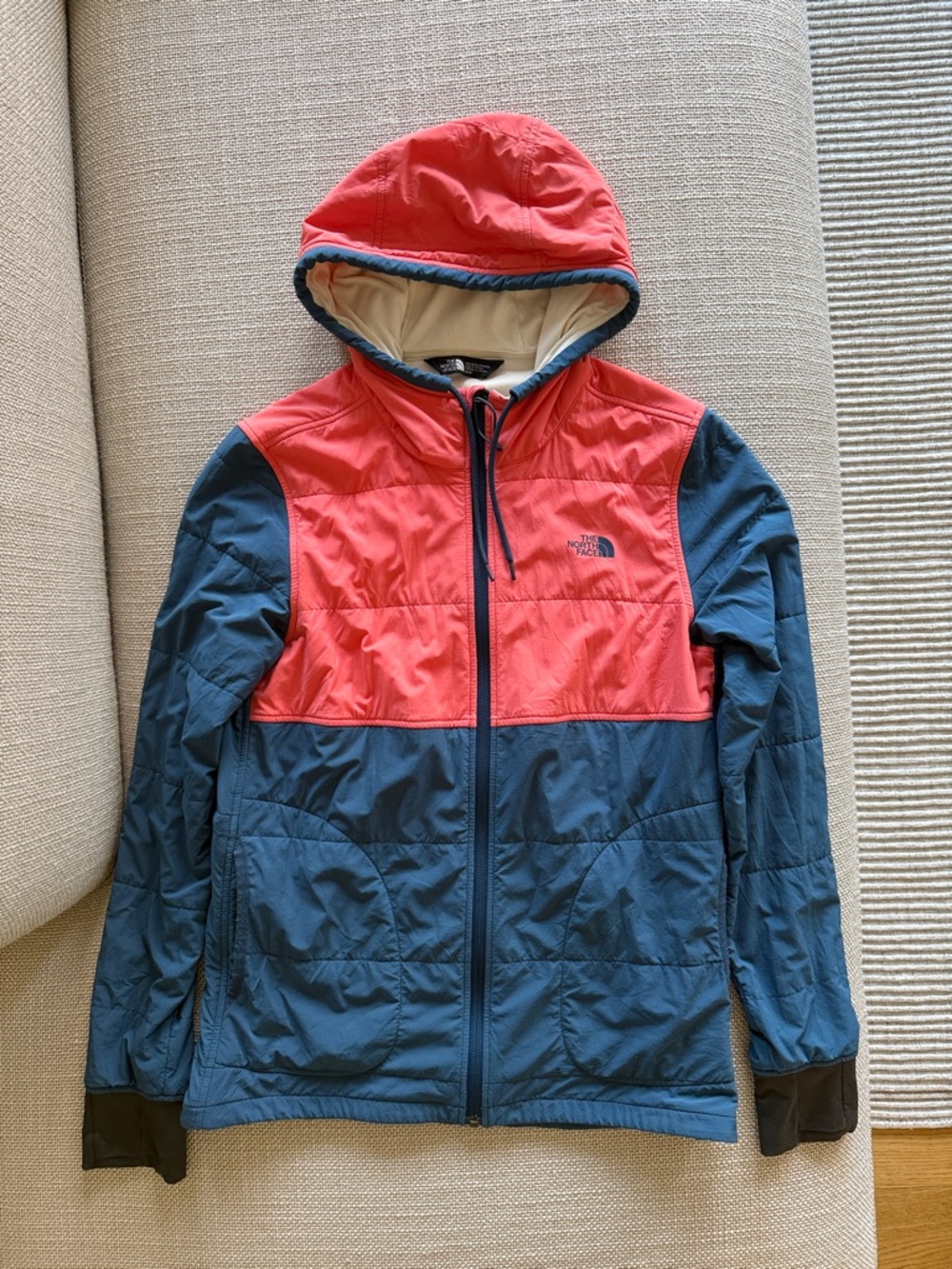 The North Face Hooded Colorblock Sweater Jacket - Coral & Navy